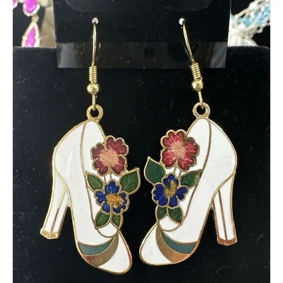 Cloisonné Earrings Floral Pierced Colorful White Red Blue Green Heels‎ Gold Tone - Picture 2 of 4